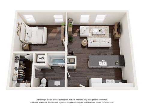 Floor plan for 1 bed, 1 bath, 668 sqft